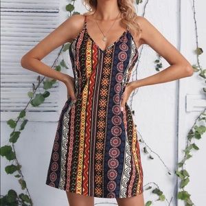 Summer double V-neck boho tribal print dress